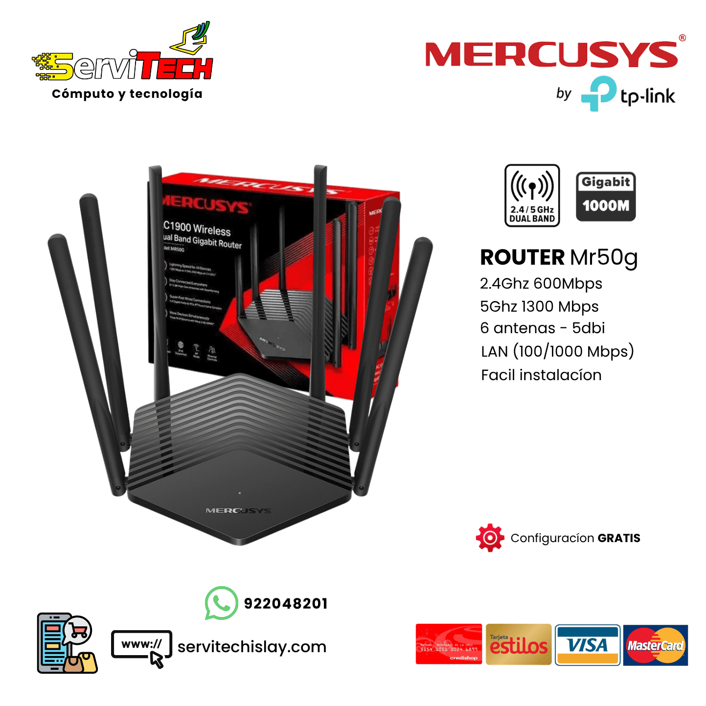 Router MERCUSYS MR50G AC1900 6 antenas Gigabit - 2.4Ghz/5.8Ghz
