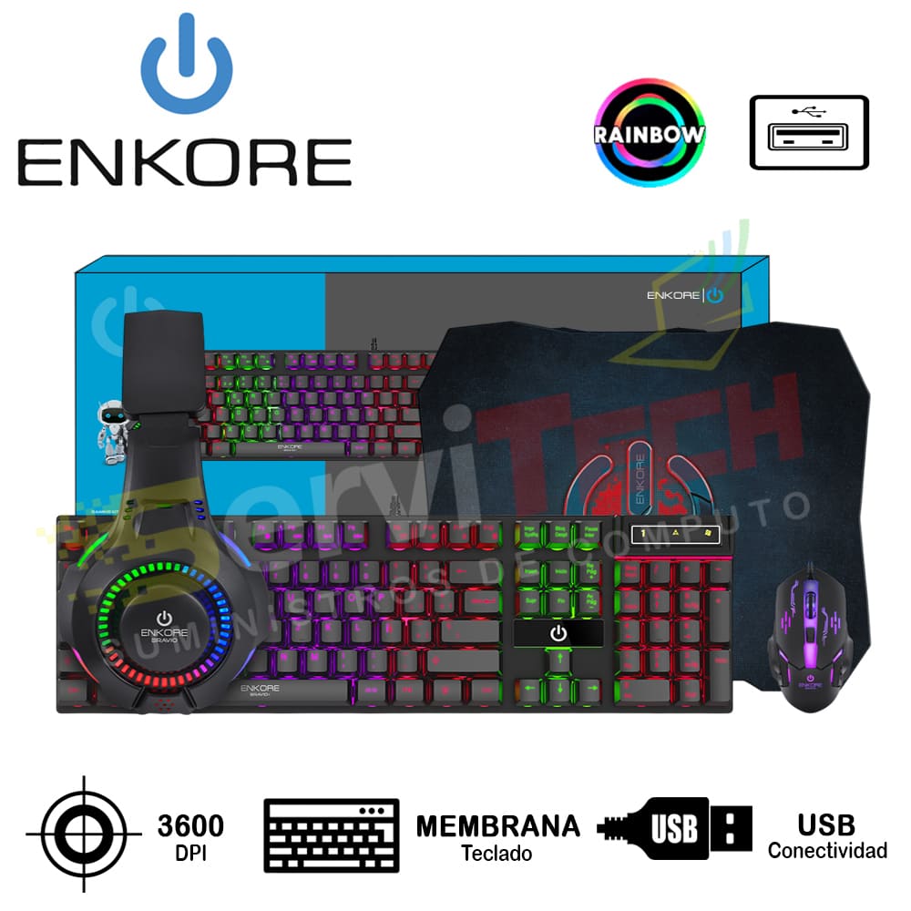 Kit Gamer ENKORE BRAVIO G-1000-4 Teclado/Mouse/Audifonos/Padmouse - Cableado