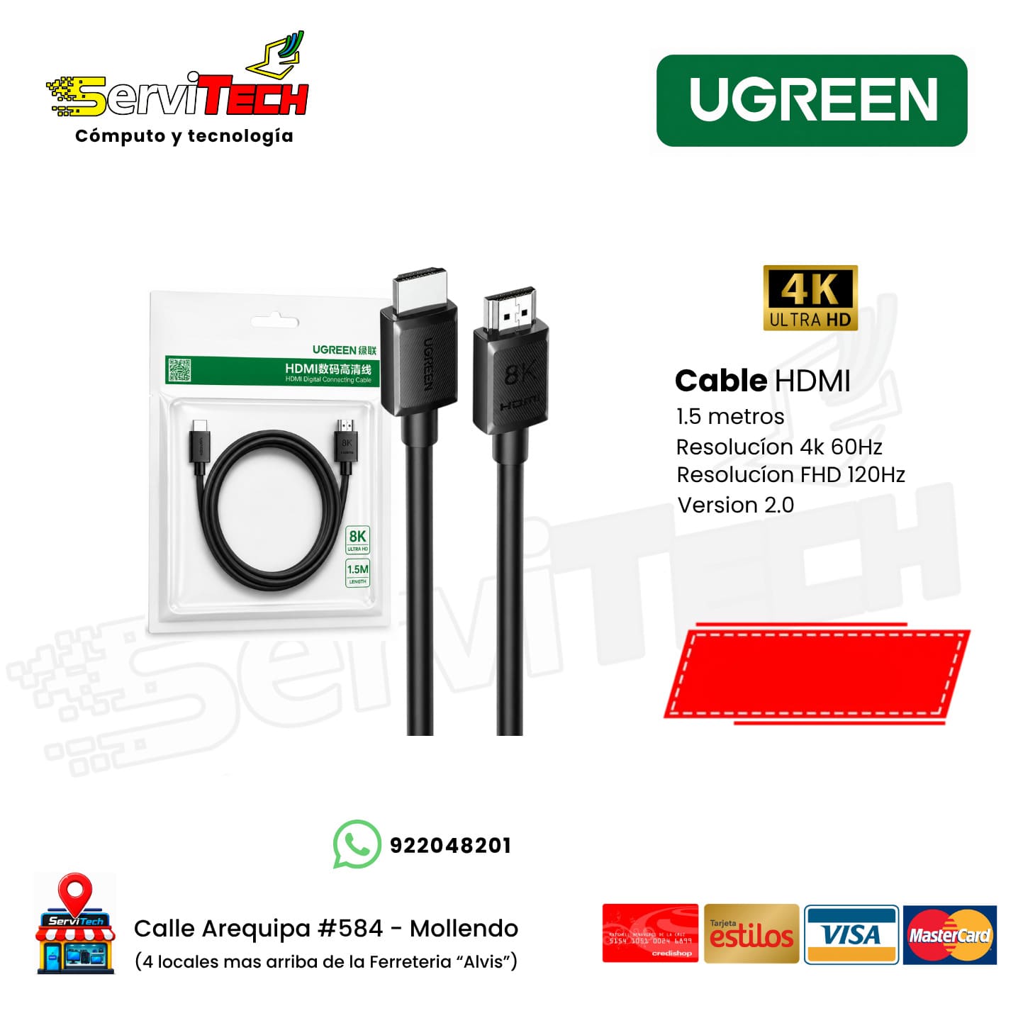 Cable HDMI 4K de 1.5 mts UGREEN (bolsita)