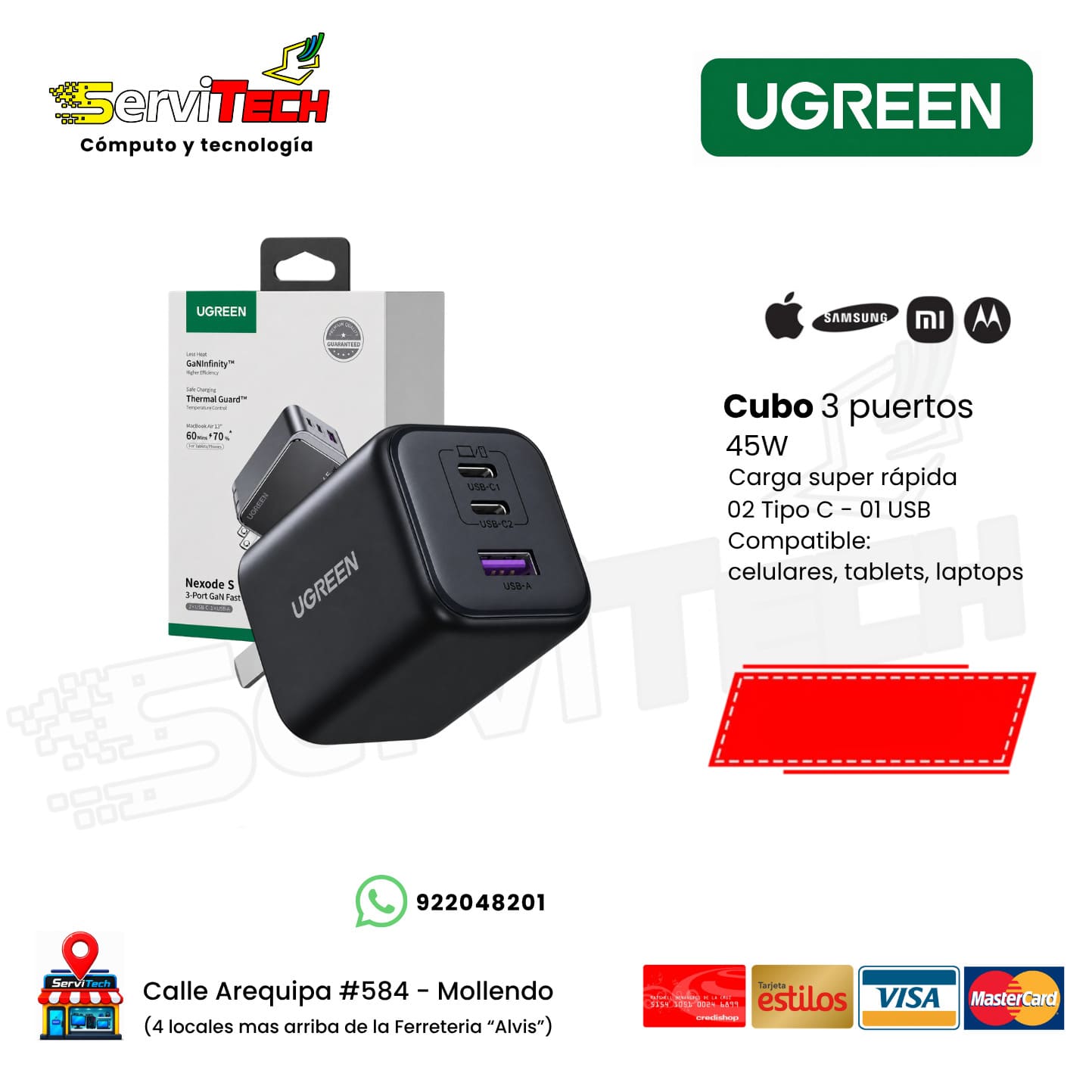 Cabezal cargador triple USB - Tipo C 45W UGREEN