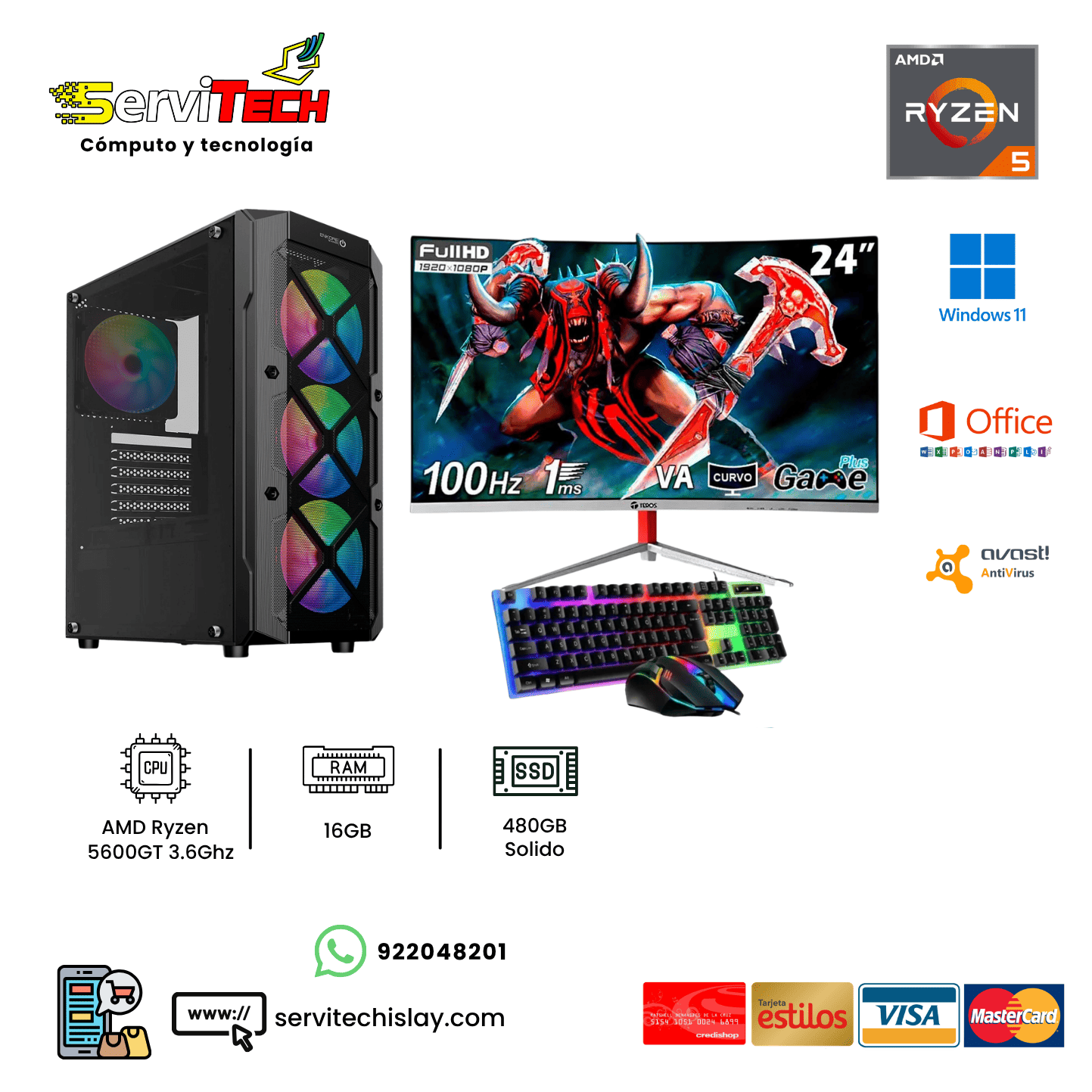AMD Ryzen 5600G / 16GB RAM / 480GB SSD / Monitor 24´ Curvo / Tecl+Mous