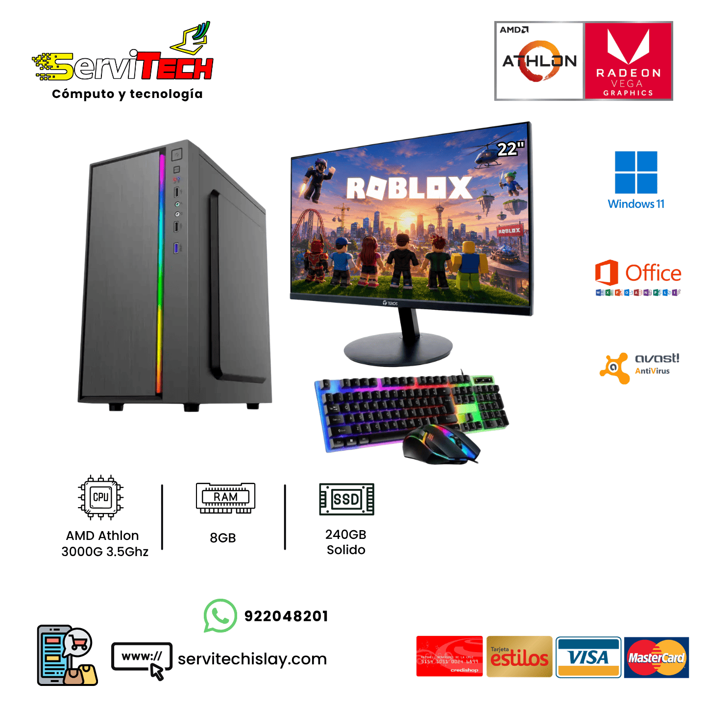AMD Athlon 3000G / 8GB RAM / 240GB SSD / Monitor 24´ Plano / Tecl+Mous