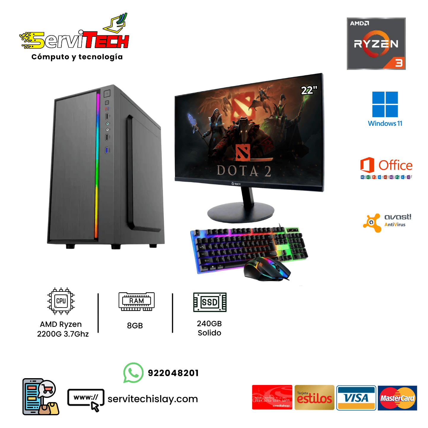 AMD Ryzen 2200G / 8GB RAM / 240GB SSD / Monitor 22´ / Tecl+Mous