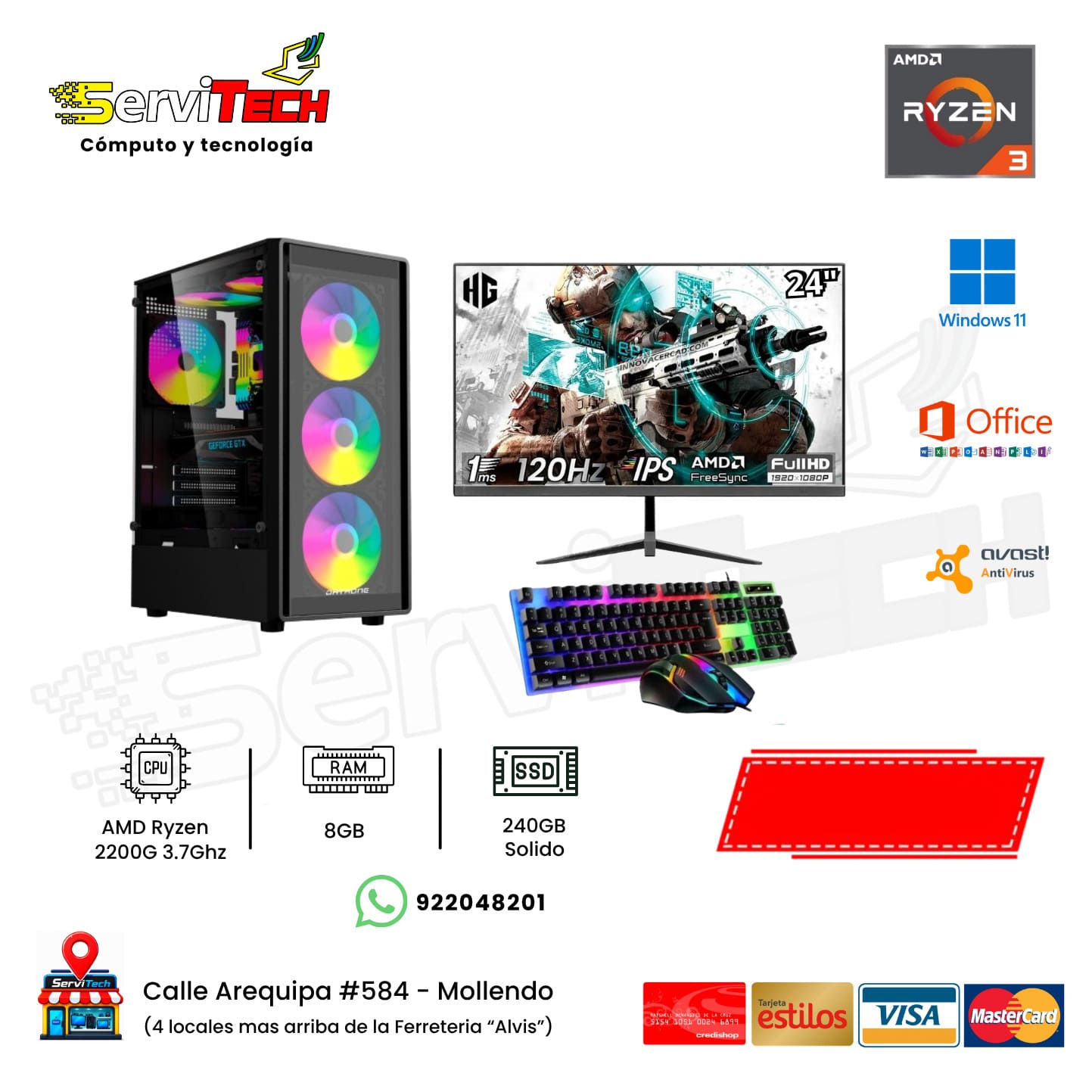 AMD Ryzen 2200G / 8GB RAM / 240GB SSD / Monitor 24´ / Tecl+Mous